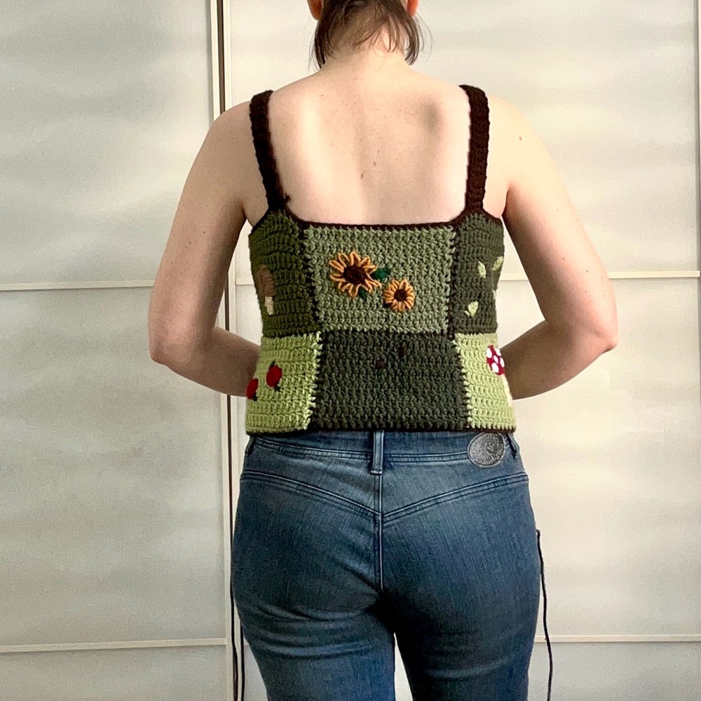 Handmade Green Crochet Mushroom & Flower Tank Top - Picture 2 of 5